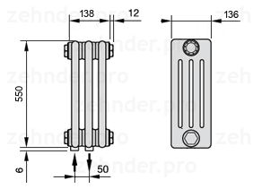 Схема (чертеж) Радиатор Zehnder Charleston 4055/3 №3470 Белый глянцевый RAL 9016